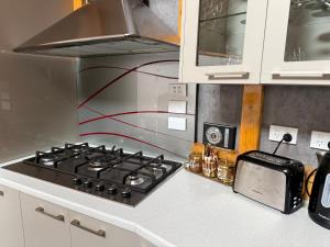 a kitchen with a stove top and a microwave at Riverview Yurt in Tarras +14 photos