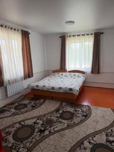 a bedroom with a bed and a large rug at M-otel in Karakol