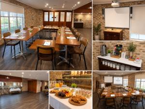 a collage of photos of a restaurant with tables and chairs at Acacia Motor Lodge in Coonabarabran