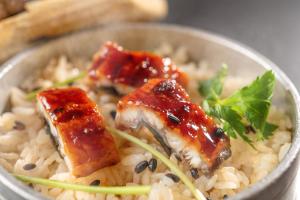 a bowl of food with two pieces of meat on rice at KAMENOI HOTEL Akita Yuze in Kazuno