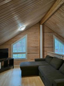 a living room with a couch and two windows at Mökki Jyrkinkuja in Loimaa