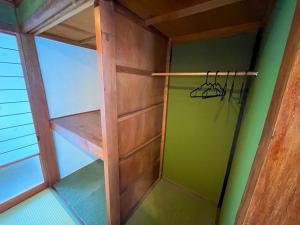 a walk in shower in a room with green walls at TAKIBEst Bnb&Bar in Takibe