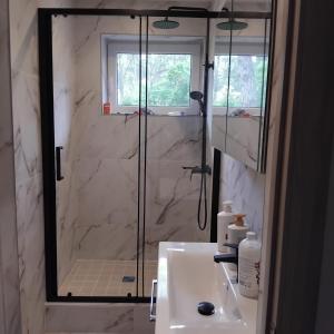 a bathroom with a shower and a white sink at The Dacha apartment in Jūrmala