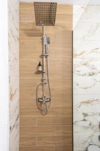 a shower with a shower head in a bathroom at Elia Grove House in Néa Khilí +129 photos