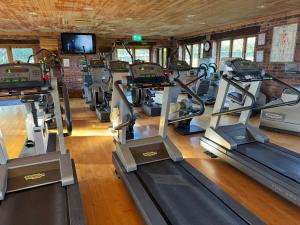 a gym with rows of treadmills and cardio machines at Cwt Ieir in Ruthin +17 photos