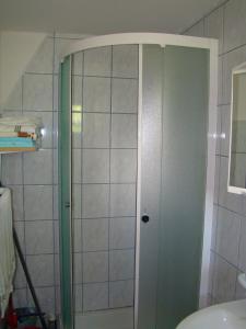 een douche met een glazen deur in de badkamer bij Kuća za odmor Lešnica in Brod na Kupi