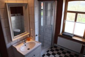a bathroom with a sink and a shower at Ferienhaus Altes Schifferhaus in Oedelsheim +47 photos