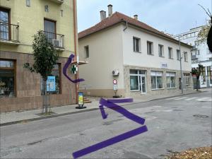 a street with a purple arrow painted on the road at Park & Stay Central in Piešťany