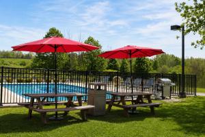 two picnic tables with red umbrellas next to a pool at Hampton Inn Summersville in Summersville