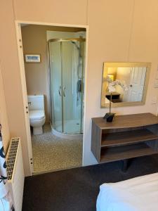 a bathroom with a shower and a toilet and a mirror at Southerness Holiday Home Cheri Sleeps 4 Mon-Fri Fri-Mon with Solway Holiday Homes in Mainsriddle +5 photos