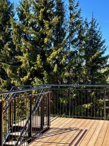 a metal gate on a wooden deck with trees at Lilla Hotellet Blidö in Blidö