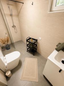 a bathroom with a toilet and a sink and a shower at Peaceful Garden Hideaway in Gárdony +11 photos