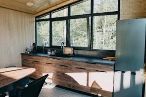 a kitchen with a counter with a sink and windows at Nordic Cabin in Bughea de Jos