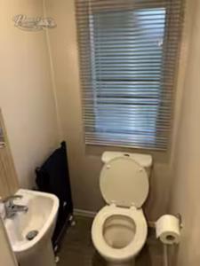 a bathroom with a white toilet and a sink at Panacci Van - Weymouth Bay in Preston