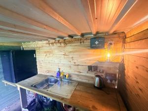 a kitchen with a sink and a wooden wall at Maesbury Meadows in Binegar