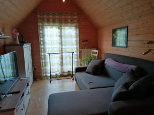 a living room with a couch and a tv at Ferienhaus Nebenan Plus in Ebern