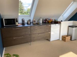 a kitchen with a counter with a microwave and a refrigerator at Villa Søholt - Silkeborg Bed and Breakfast in Silkeborg +28 photos