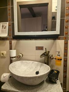 a sink in a bathroom with a mirror at Preila Kristina-2 in Preila +22 photos