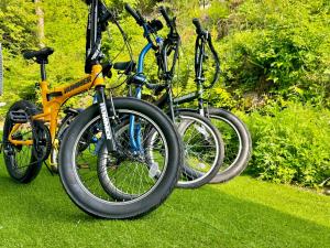 three bikes parked next to each other on the grass at 民宿 浪漫 in Fujikawaguchiko