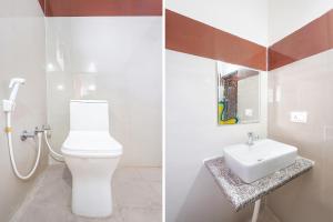 two pictures of a bathroom with a toilet and a sink at FabHotel Saanidhya Comforts - Tumkur Road in Kunigal +23 photos