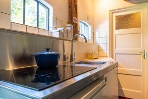 a kitchen with a sink with a pot on the counter at De Toffe Peer Recreatie in Ruinerwold +77 photos