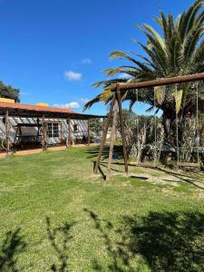 a wooden structure in a yard with a palm tree at Monte dos Pintos in Arronches