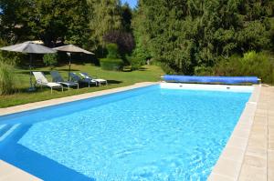 a large blue swimming pool with chairs and umbrellas at Maison Lavande in Sousceyrac