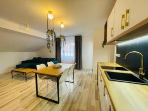 a kitchen and living room with a table and a couch at Vila Morariu in Bistriţa