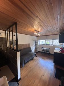 a living room with a bed and a wooden ceiling at Gîte du Riou Sec in La Roque-Sainte-Marguerite