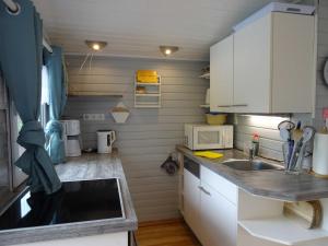 a small kitchen with white cabinets and a sink at Ferienhaus Frehmeyer - Urlaub auf dem Bauernhof im gemütlichen Ferienhaus in Lindewitt +12 photos
