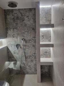 a bathroom with a shower with a tile wall at Irides Apartments in Megalochori