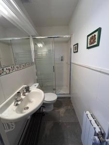 a bathroom with a toilet and a sink and a shower at El balcó de la plaça de la font in Tarragona +8 photos
