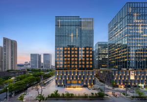 a view of a city skyline with tall buildings at Novotel Hangzhou Binjiang in Hangzhou