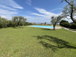 a swimming pool in a field of grass with trees at Garda Prestige Retreat in Moniga