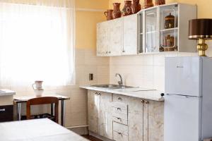 a kitchen with white cabinets and a white refrigerator at Casa Boierului (Viscauti) in Vîşcăuţi +14 photos