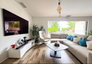 a living room with a couch and a tv at Villa Émeraude Spa in Le Porge
