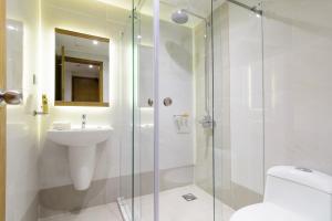 a bathroom with a shower and a sink and a toilet at Hotel Excelsior Karachi in Karachi +34 photos