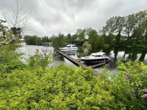 two boats are docked at a dock on a river at Siblu Prϋβsee in Güster +24 photos