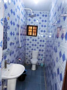 a blue tiled bathroom with a toilet and a sink at P M Serviced Apartments in Lagos