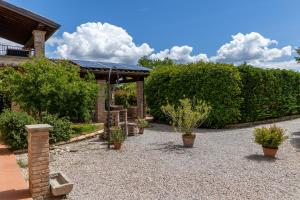 a garden with a pavilion and potted plants at Casale Tiziano by PosarelliVillas in Citerna