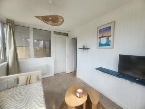 a living room with a couch and a tv at Le Carré Vert, appartement avec terrasse in Lamballe Armor