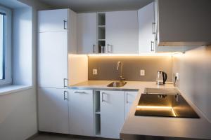a kitchen with white cabinets and a sink at Haas Apartments in Brno