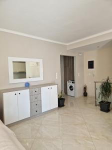 a living room with white cabinets and a washing machine at Harry's Apartment in Lefkimmi