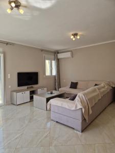 a living room with a couch and a tv at Harry's Apartment in Lefkimmi