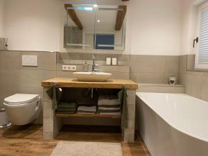 a bathroom with a sink and a tub and a toilet at Haus Dekostüble in Münstertal +8 photos