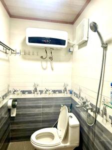 a bathroom with a toilet and a tv on the wall at Euphoria Cat Ba Homestay in Cat Ba
