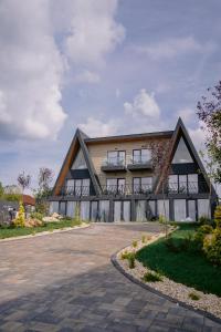 a large house with a gambrel roof at By The Lake - A Frame in Căciulaţi