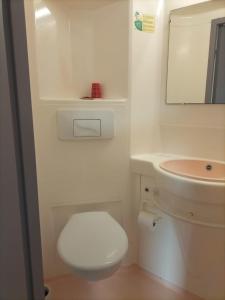 a white bathroom with a toilet and a mirror at Fast hôtel Troyes in Barberey-Saint-Sulpice +24 photos