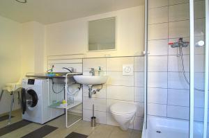 a bathroom with a sink and a toilet and a shower at Ferienholzhaus Sternchen mit Terrasse in Zinnowitz