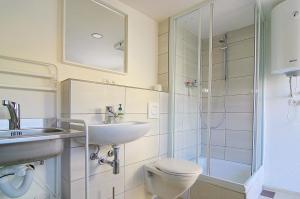 a bathroom with a toilet and a sink and a shower at Ferienholzhaus Sternchen mit Terrasse in Zinnowitz